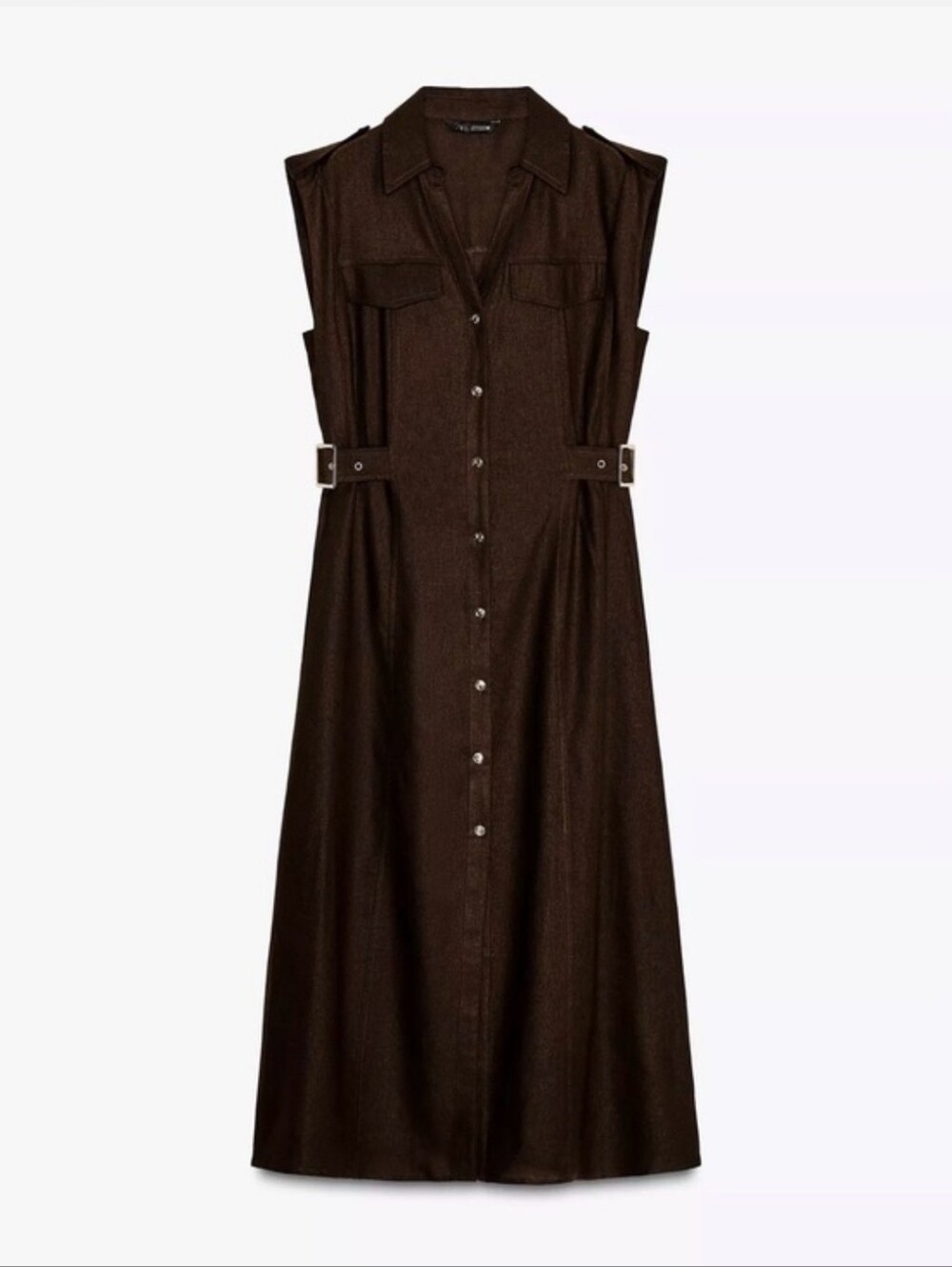 Zara Lienen Sleeveless Button-Front Brown Midi Dress